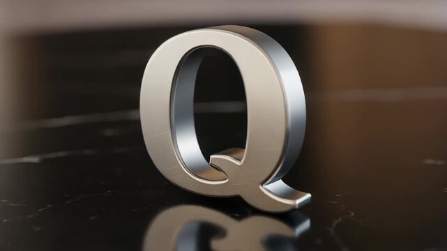 A shiny gold letter Q on a black reflective surface