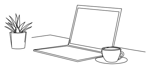 Fototapeta premium A continuous single line drawing of a minimalist workspace with a laptop, coffee cup, and a potted plant on the desk. Ideal for business concepts, digital workspace designs, etc.