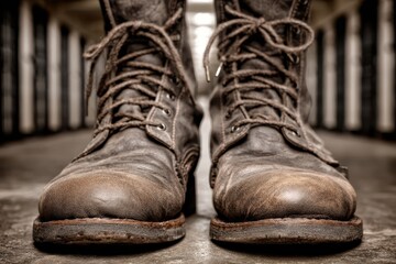 A close up shot of worn brown leather work boots with tied laces, showing signs of wear and use, sitting on concrete floor and a blurred background.