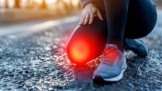 Sporty woman faces knee accident resulting in joint issues and tendon inflammation during run