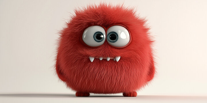 A 3D rendered character of a cute small, hairy and fluffy red monster with large blue eyes and tiny fangs standing on a white background surface.