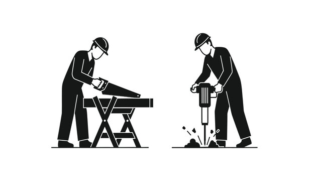 Black and white graphic icon set showing a construction worker sawing wood and drilling concrete