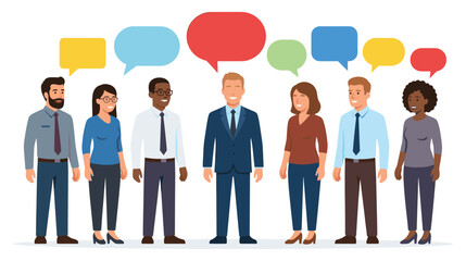 Fototapeta premium Diverse group of business people communicating with colorful speech bubbles