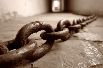 A heavy, rusty chain extends into the distance across a stone floor with tunnel, symbolizes confinement and past struggles in a sepia-toned image.