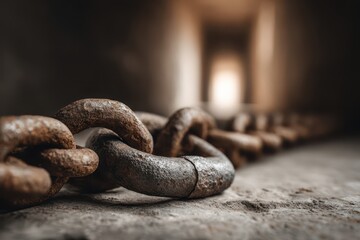A close-up of a weathered metal chain lying on a rough surface, with a blurred background, creating a sense of age, strength, and confinement, in sepia tones.