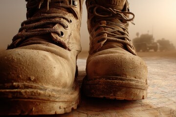 Obraz premium A close-up view of muddy military boots on top of a map with military vehicles in the distance, symbolizing the challenges and realities of conflict zones.