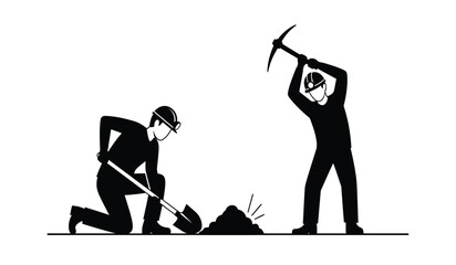 Black silhouette illustration of two workers digging and breaking ground with a shovel and pickaxe © rsvect02