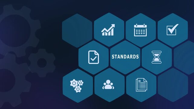 Quality standards and compliance concept with digital checklist and verification icons on grid.