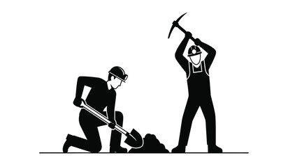 Black and white silhouette illustration of two miners working with a shovel and a pickaxe tool © rsvect02