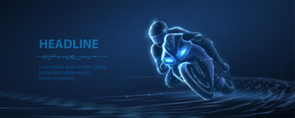 Rider on glowing motorcycle making a high-speed turn. Racing sport, speed challenge, competitive riding, futuristic motorbike, energy and motion concept. Vector illustration © NeonGridStudio