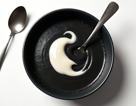 Black sesame soup in a dark bowl with cream swirl and spoon. Sweet dessert with fine seeds garnish. Asian dessert served in a modern dish with utensil. Cozy sweet treat presentation.