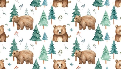 Fototapeta premium Forest friends watercolor bears and pine trees create a whimsical, repeating pattern on a white background