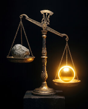 An elegant balance scale tips as a glowing golden sphere outweighs a dull grey stone, symbolizing shifting from self-doubt to confident assertiveness.