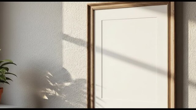 A wooden picture frame hangs on a beige wall, casting a shadow with a plant on a shelf to the left