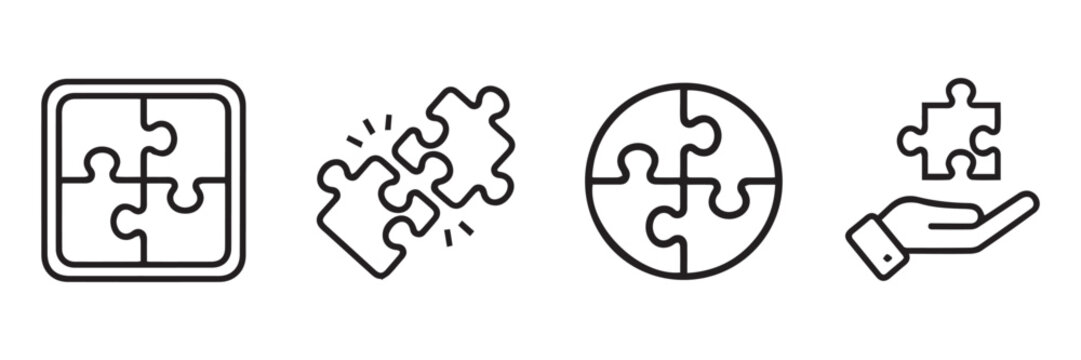 Puzzle pieces icon set. Puzzle jigsaw outline icons on white background - stock vector.