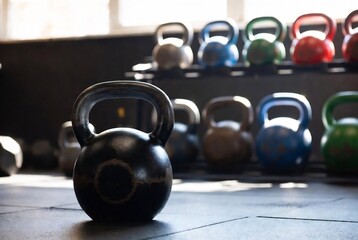 A collection of kettlebells is displayed in a gym.