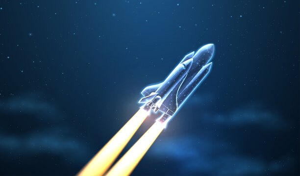 Space shuttle launching with bright rocket flames into night sky. Space exploration, aerospace mission, transport technology, futuristic flight, innovation concept. Vector illustration