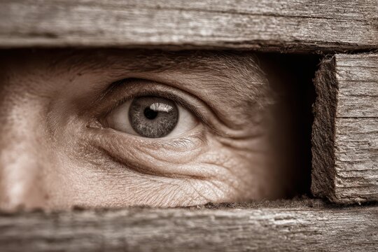 A close-up of a human eye peering through a gap in weathered wooden planks, conveying a sense of mystery and vulnerability, or hidden observation.