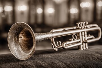 Fototapeta premium An elegant trumpet lying on a dark surface, showcasing intricate engravings and a warm, sepia-toned vintage aesthetic against a blurred bokeh background.