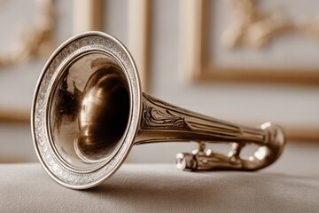 Obraz premium A close-up studio shot showcasing a vintage bugle instrument with intricate floral patterns, resting on a textured surface in soft, neutral lighting for a classic aesthetic.