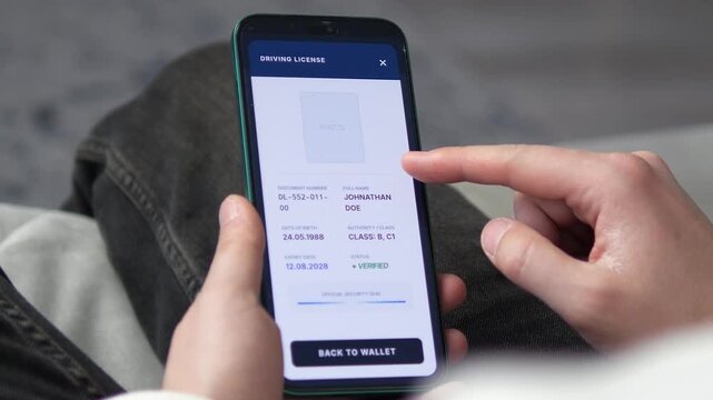 Modern user accessing their virtual driver's permit on a mobile app. Features full verification status and secure identity data. Perfect for videos about travel, paperless society, and smart city