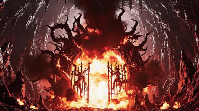 A fiery tunnel with a burning gate and twisted metal