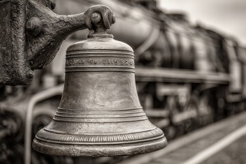 Obraz premium Close-up shot of a vintage train bell, beautifully weathered, mounted on a vintage train, capturing a sense of history and transportation nostalgia, in monochrome.