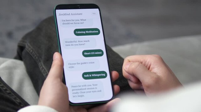 User switching between a boutique renovation app and a mindfulness AI chatbot. Ideal for promoting health-tech, interior design services, and smart living solutions. Trendy minimalist interface and