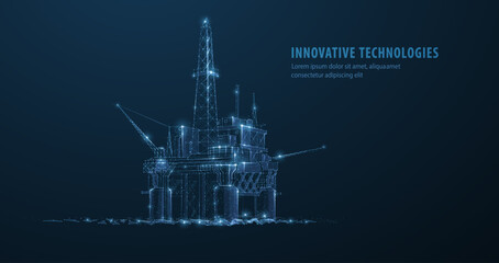 Offshore oil platform in glowing digital lines on blue. Energy industry, petroleum extraction, industrial engineering, marine structure, future production concept. Vector illustration © NeonGridStudio