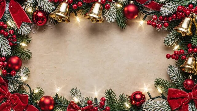 Christmas wreath with red and gold decorations on a wooden background