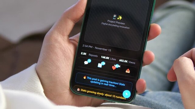 Close-up of a smartphone screen showing real-time viral growth. Social media metrics like views, likes, and reposts skyrocket instantly. Perfect for digital marketing, influencer success, and viral