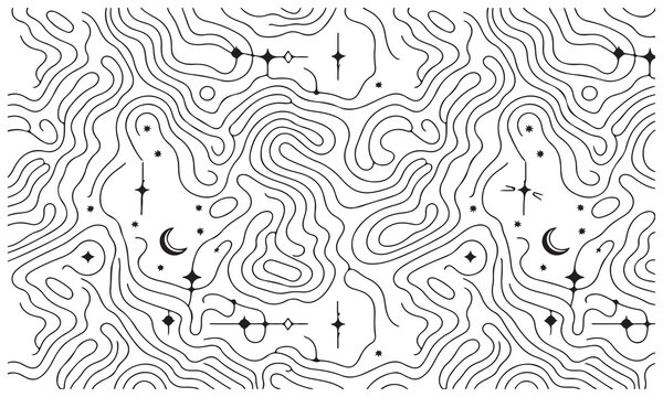 Abstract topographic map contour lines pattern with celestial elements like stars moons and diamonds creating an ethereal background texture