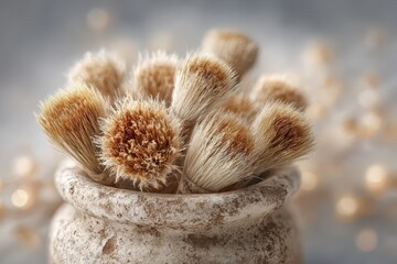 Fototapeta premium Elegant cosmetic brushes in rustic pot, displaying beauty accessories with natural soft bristles against a blurred, neutral background enhancing the product's appeal.