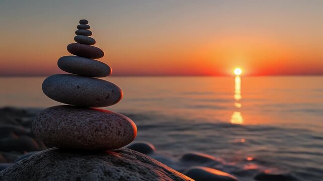 A serene coastal scene with a stack of flat stones on a rock at sunset