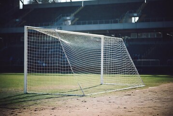 Fototapeta premium A soccer goal stands on a field at an empty stadium.