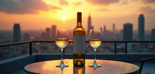 Fototapeta premium Bottle and two glasses of white wine sit on rooftop table. City skyline glows in warm golden sunset light. Evening relaxation with urban view.
