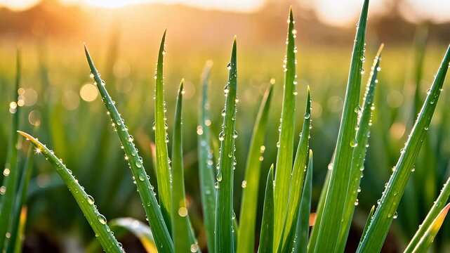 Morning dew on green grass blades