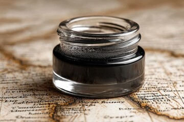 Close-up of a jar of black ink, resting on an antique map, capturing the essence of vintage writing and scholarly exploration with a timeless, nostalgic feel.