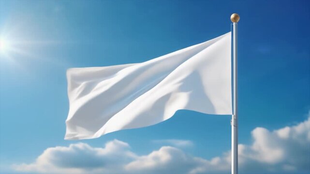 White Flag Waving in Blue Sky Wind Slow Motion Background