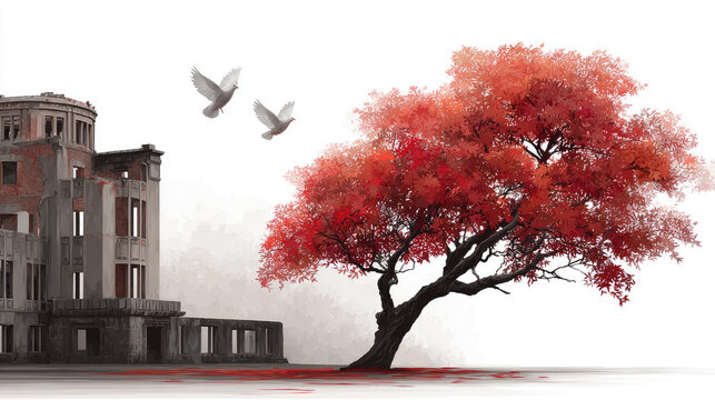 Hiroshima A Bomb Dome standing as a symbol of peace and remembrance, a vibrant red maple tree representing resilience, with white doves flying for hope