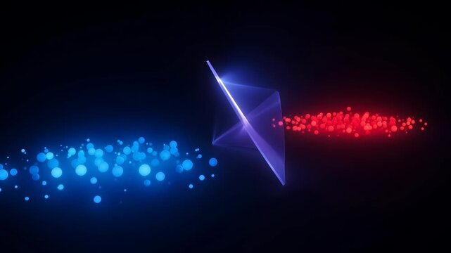 Abstract digital art featuring blue and red particles surrounding a pyramid shape