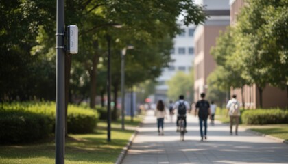 Obraz premium Urban campus scene with a clear 5G small cell on a lamppost the surrounding path and greenery softly blurred for depth.