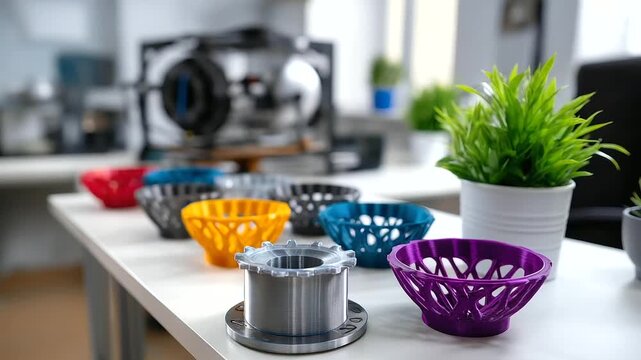 Colorful 3D printed parts on white surface in workshop, additive manufacturing components, modern production pieces, with copy space