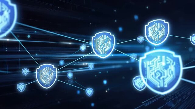Digital security network circuit board shield icons connected on black