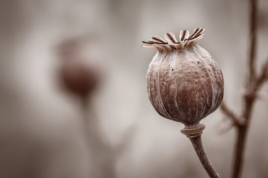 A close-up of a dried poppy seed pod, showcasing its unique texture and design, set against a soft, blurred background, creating a sense of artistic stillness.