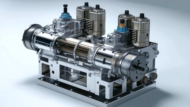 Detailed 3D engine model studio shot, light gray background, engineering design visualization, mechanical rendering display, with copy space
