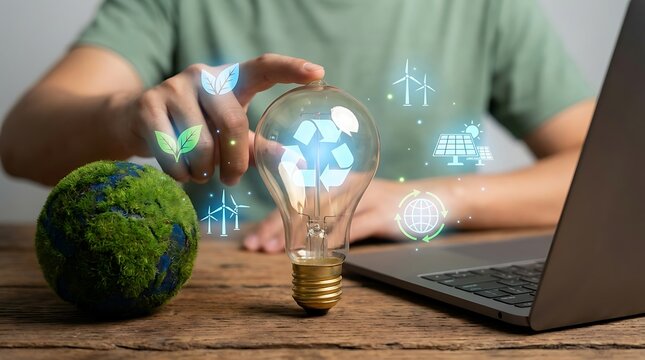 A person sitting at a desk with a laptop, holding a glowing light bulb with eco-friendly symbols, next to a green globe representing sustainable ideas.