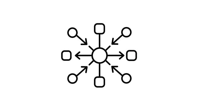 Central hub with radiating arrows and nodes, representing connection, network, and data flow