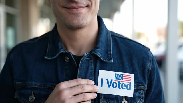 Man wearing denim jacket holds i voted sticker to chest. Proud young hispanic american male participant showing election badge. Civic duty and democracy concept.