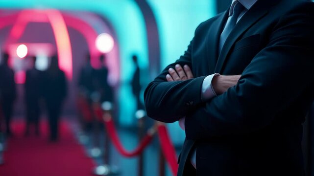 Security guard in formal attire stands watch near velvet ropes at a vibrant event entrance 
